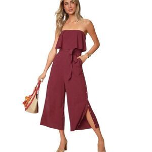Lulus Lanah Burgundy Strapless Jumpsuit Size Small